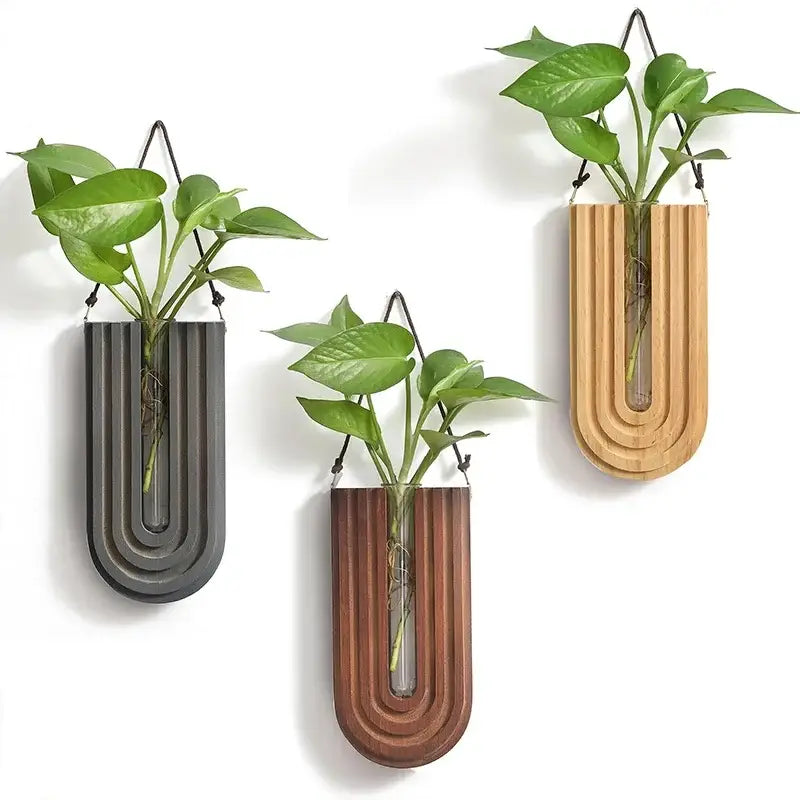 DecorBites™ wooden flower vase wall mount holder featuring three modern u-shaped wooden flower vases with glass centers