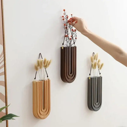 DecorBites™ wooden flower vase wall mount holder with three modern wood-tone, dark brown, and matte gray planters