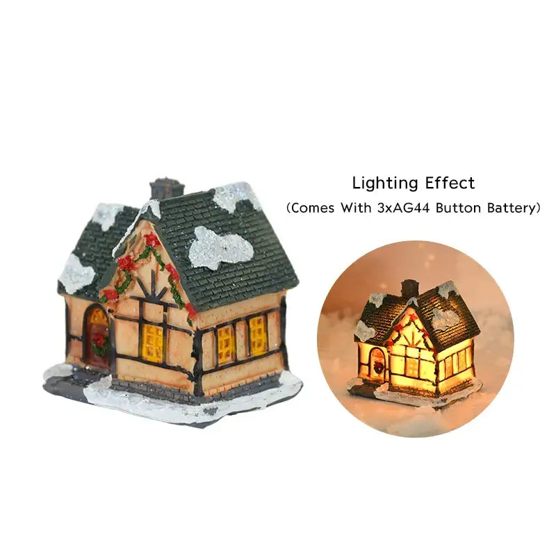 Decorbites wooden led light house christmas decoration with dark green roof snow dusted details and warm yellow led light
