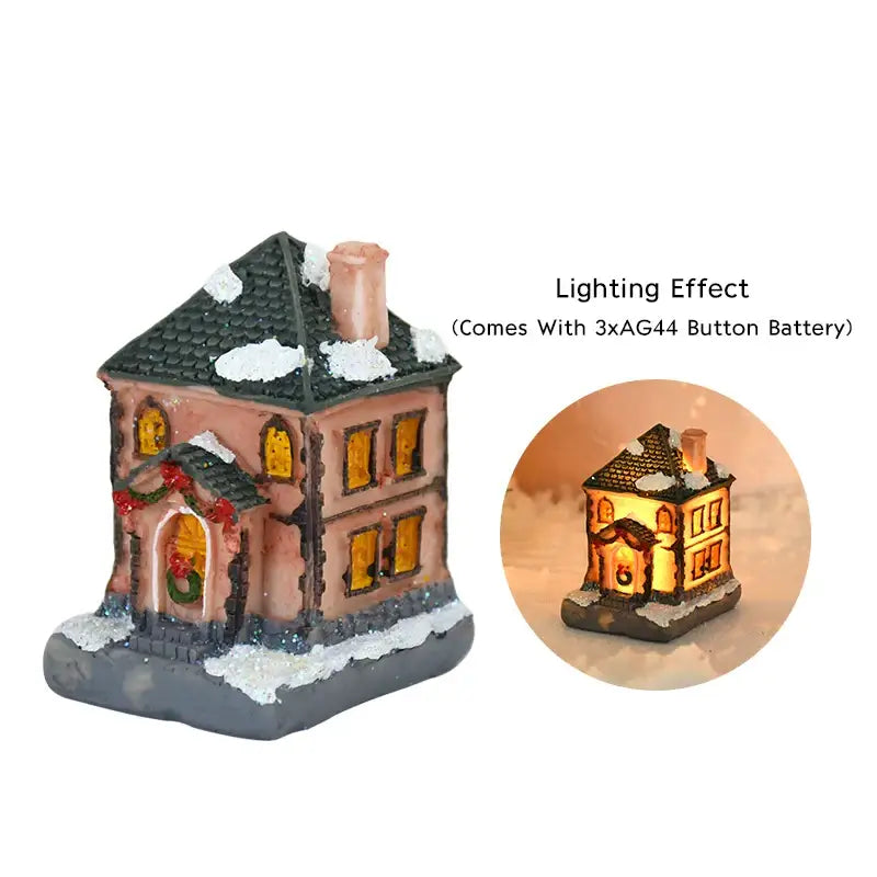 A miniature pink wooden led light house with a dark green roof, snow-dusted details, and glowing yellow windows by DecorBites