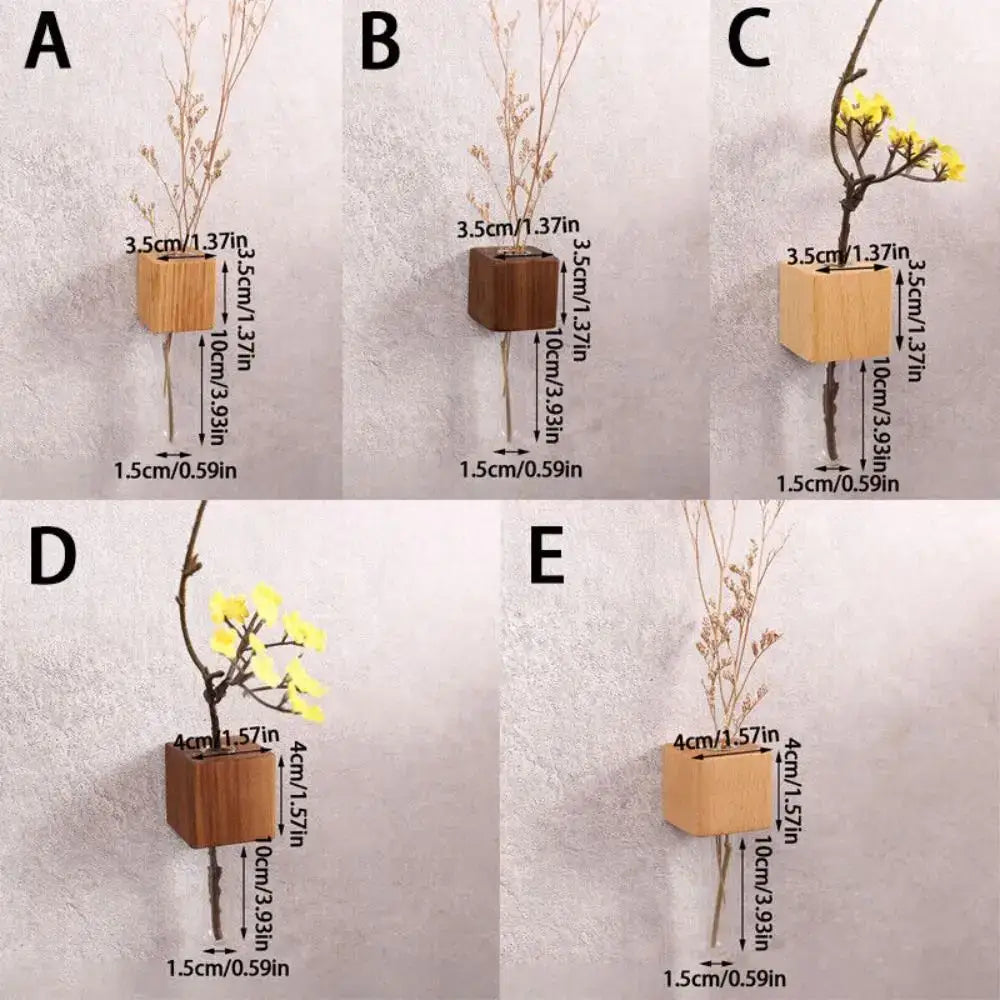 DecorBites wooden magnetic test tube vase wall-mounted cube planters in natural and dark brown with dried florals