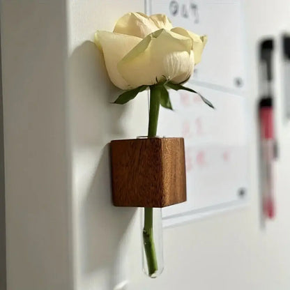 A cream-colored rose displayed in a decorbites wooden magnetic test tube vase with a clear glass tube holder