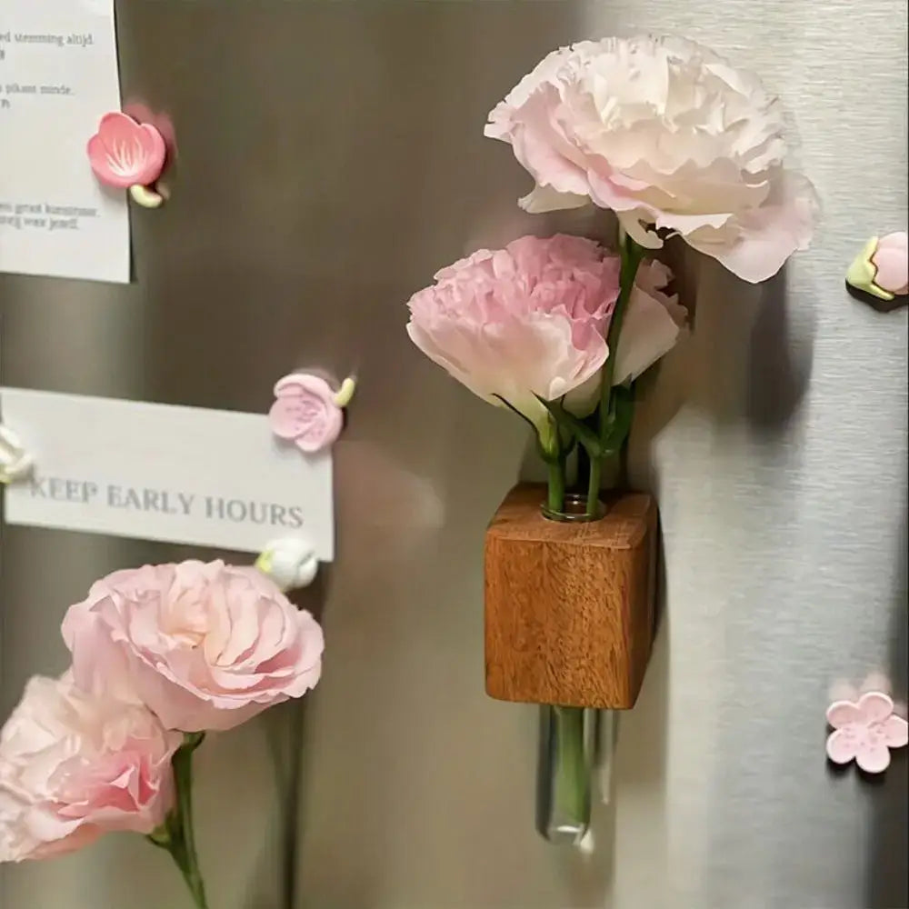 DecorBites wooden magnetic test tube vase with clear glass tube holding delicate pink flowers for DIY flower arrangement