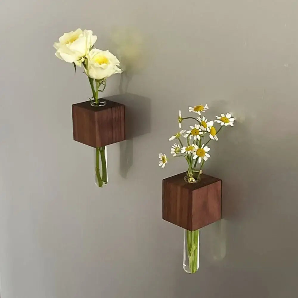 Two dark wood cube magnetic test tube vases with clear glass tubes for diy flower arrangement by decorbites