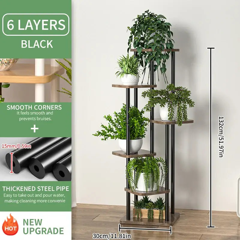 DecorBites™ wooden plant stand with six tiers, black thickened steel pipes, smooth corners, and plant stand shelf design