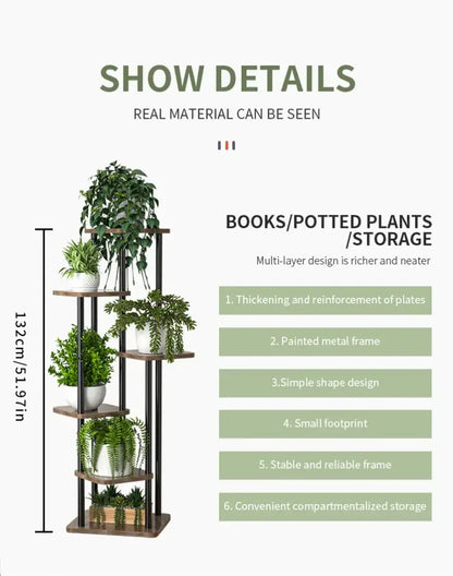 Decorbites™ wooden plant stand with painted metal frame and wooden shelves for displaying plants or books