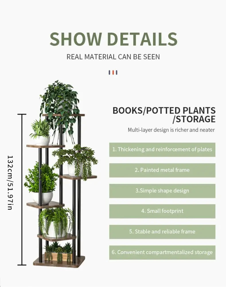 Decorbites™ wooden plant stand with painted metal frame and wooden shelves for displaying plants or books