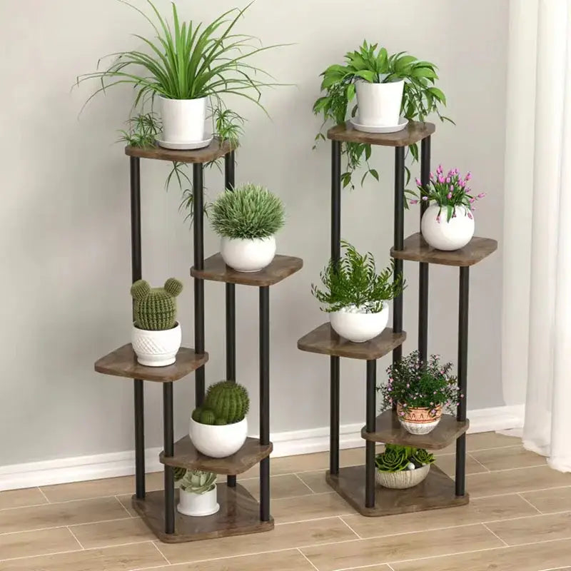 Decorbites™ wooden plant stand with dark metal frame and rustic shelves displaying potted plants in white pots