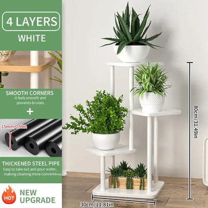 White four-layer wooden plant stand with smooth corners and thickened steel pipe construction for plant stand shelf display