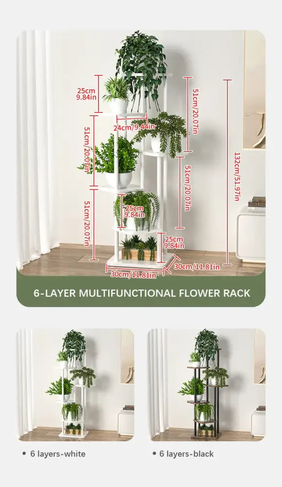 White 6-layer wooden plant stand shelf by DecorBites with adjustable shelves for multifunctional flower display