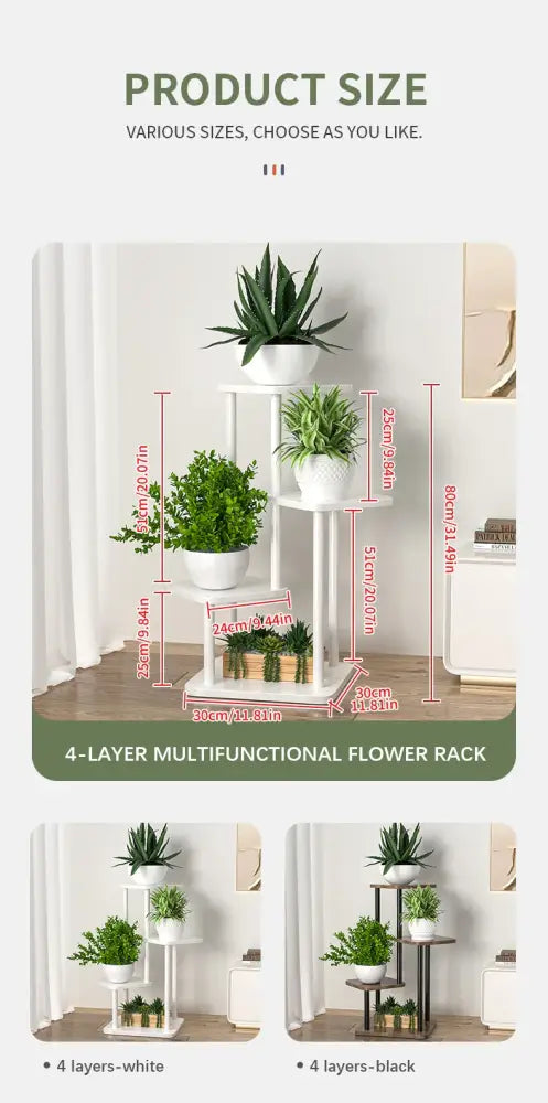 White or black 4-layer wooden plant stand with a minimalist design for tiered flower pot display by decorbites