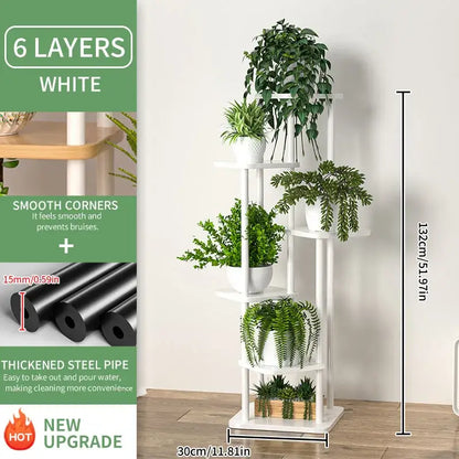 White six-layer wooden plant stand with smooth corners and thickened steel pipe construction for plant stand shelf display