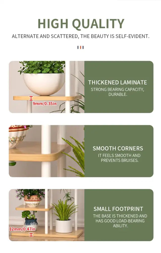 Decorbites wooden plant stand with white and light wood color, thick laminate shelves, smooth corners, and small footprint plant stand shelf