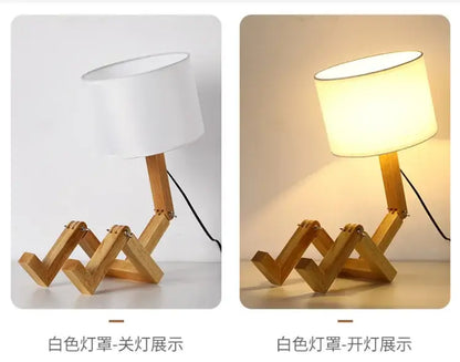 Decorbites wooden robot shape creative table lamp with white fabric shade and jointed legs for indoor reading light