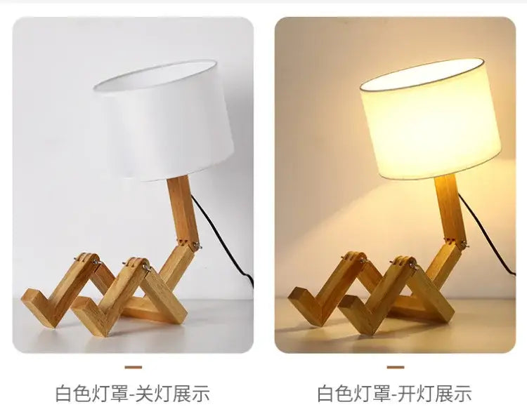 Decorbites wooden robot shape creative table lamp with white fabric shade and jointed legs for indoor reading light