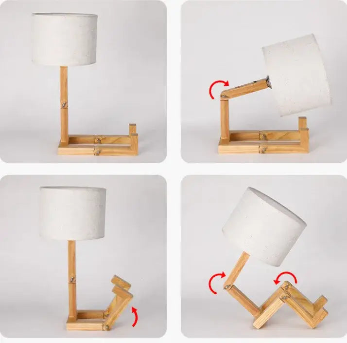 Adjustable wooden robot shape table lamp with white fabric shade for indoor study and reading by decorbites
