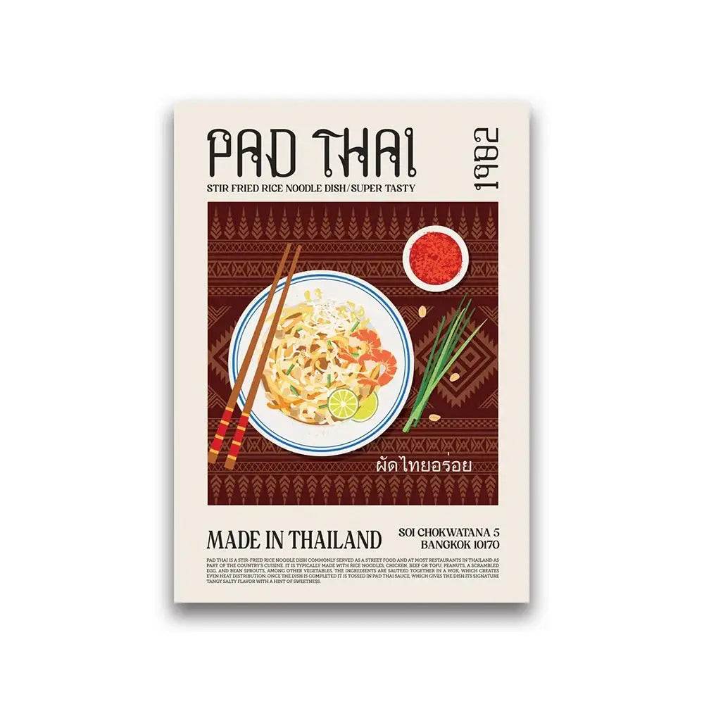A vibrant decorbites™ world cuisine canvas painting of pad thai with chopsticks and lime slices for home wall decor