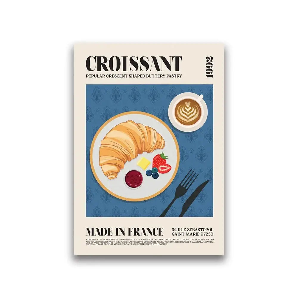 A golden-brown flaky croissant on a white plate featured in a decorbites™ world cuisine canvas painting for home wall decor