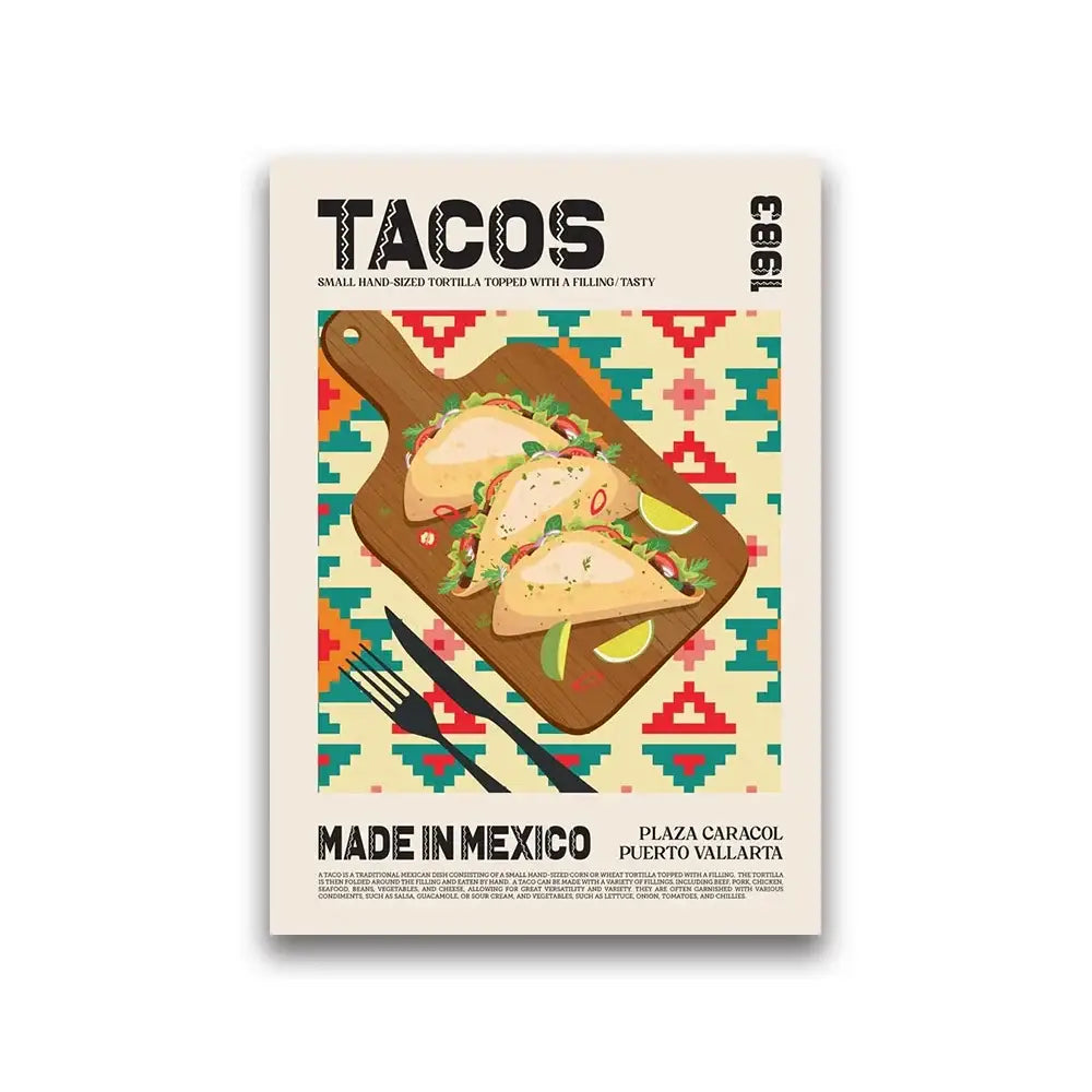 Vibrant geometric-patterned canvas painting of three illustrated tacos on wood for decorbites world cuisine canvas print