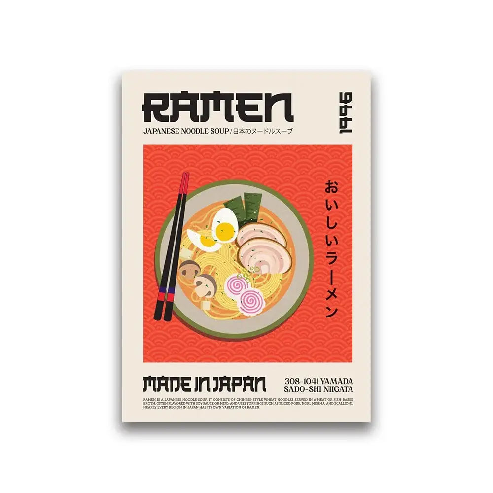 Decorbites™ world cuisine canvas painting featuring vibrant red and cream ramen bowl illustration for home wall decor