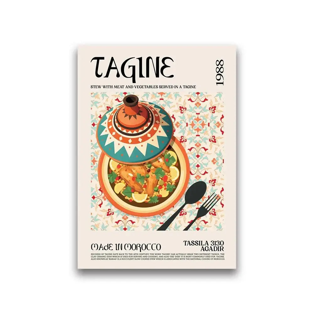 Vibrant decorbites™ world cuisine canvas painting of an ornately patterned turquoise and orange ceramic tagine for home decor