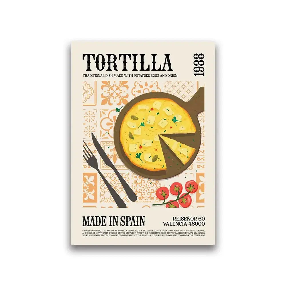 Vibrant yellow spanish tortilla with fresh herbs and cherry tomatoes on vine in decorbites™ world cuisine canvas painting