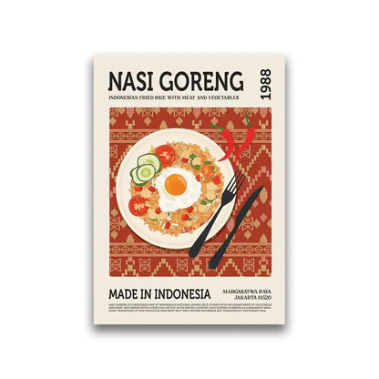 Decorbites™ world cuisine canvas painting of nasi goreng with egg on ornate red patterned background for wall decor