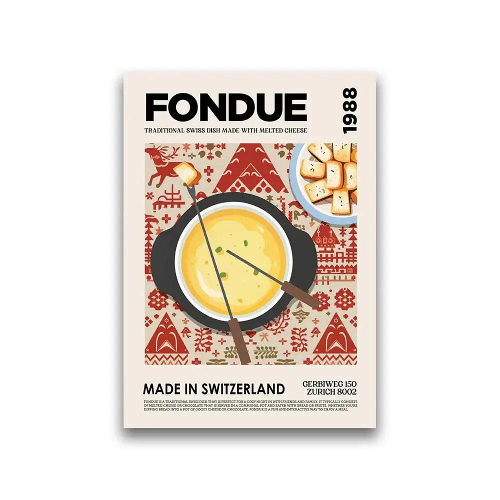 DecorBites™ world cuisine canvas painting featuring a vintage fondue pot with cheese and red geometric accents