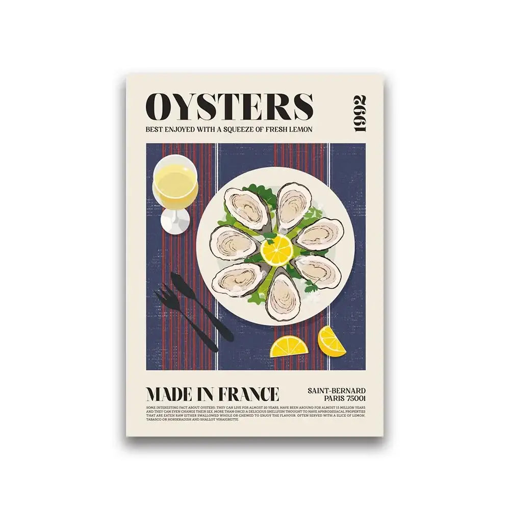 Vintage-style canvas painting of oysters with lemon garnish on white plate against navy blue stripes for world cuisine decor