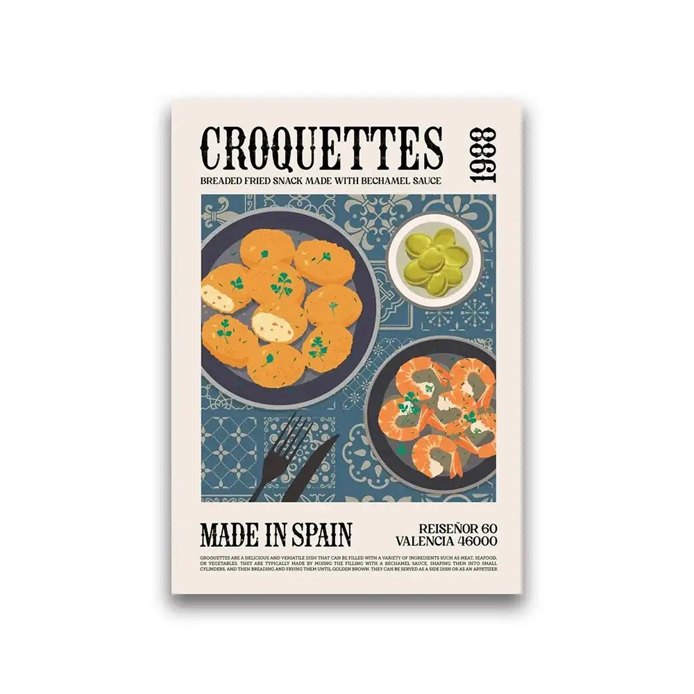 Decorbites™ world cuisine canvas painting featuring vintage croquettes advertisement on blue patterned background made in spain