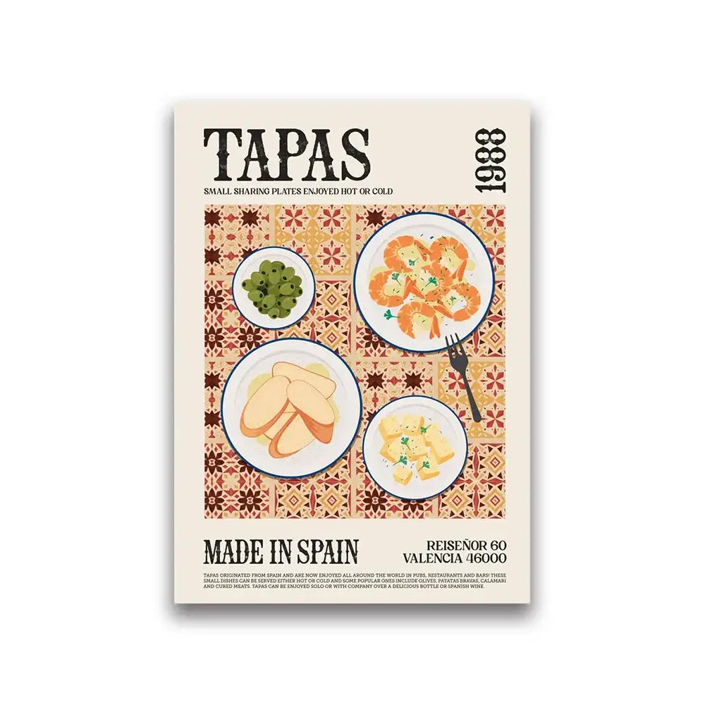 Decorbites™ world cuisine canvas print featuring vintage tapas plates on patterned tile for home wall decor