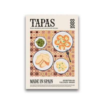 Decorbites™ world cuisine canvas print featuring vintage tapas plates on patterned tile for home wall decor