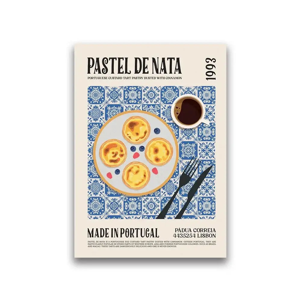 Beige DecorBites™ world cuisine canvas wall art with blue white tiles and golden pastel de nata tarts garnished with berries