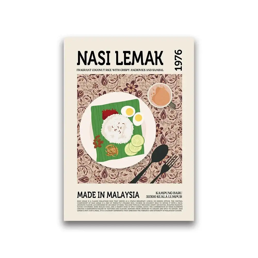 DecorBites™ world cuisine canvas wall art features vibrant nasi lemak on green banana leaf with rice and anchovies