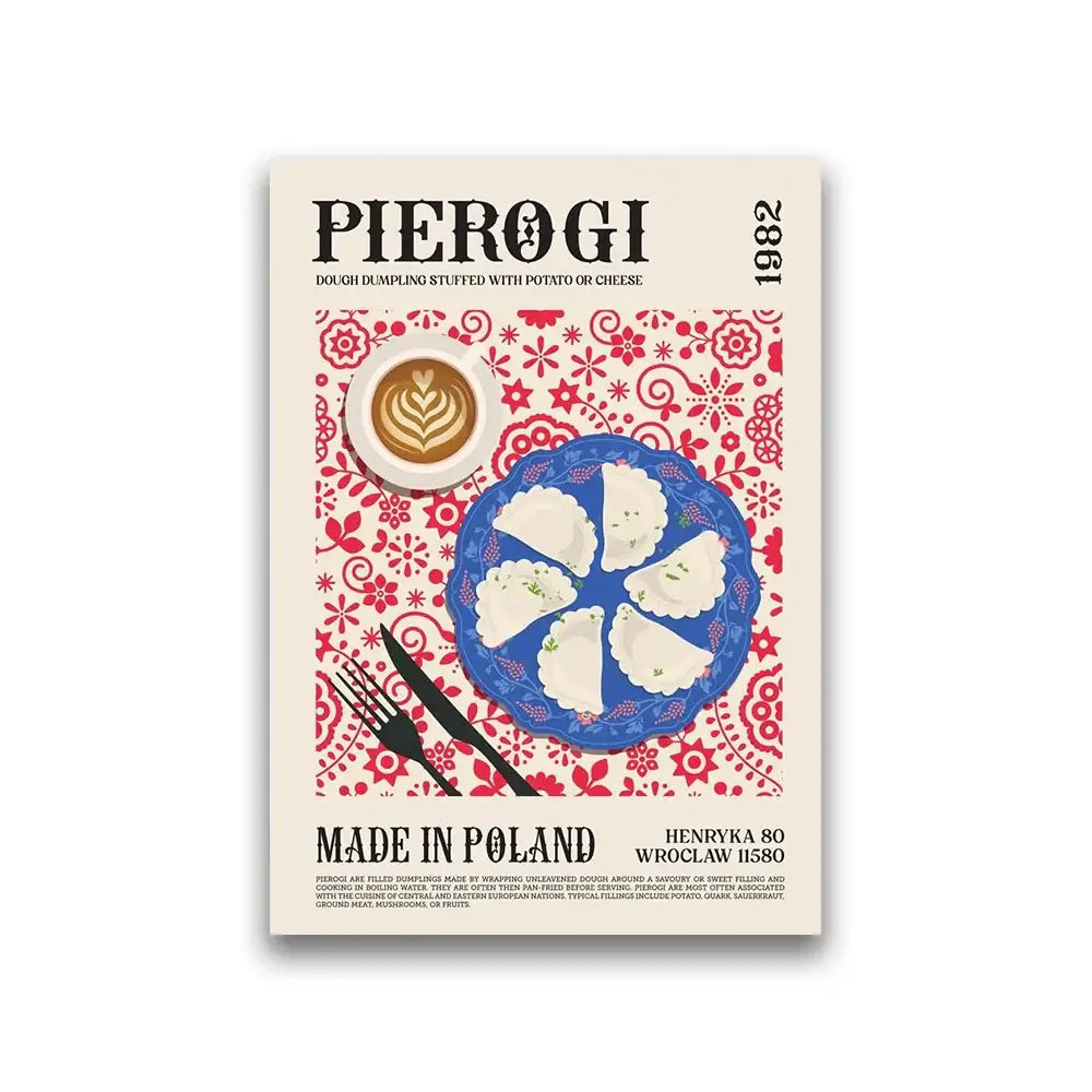 Polished blue ceramic plate with intricate floral patterns holding six white pierogi in DecorBites™ world cuisine canvas wall art