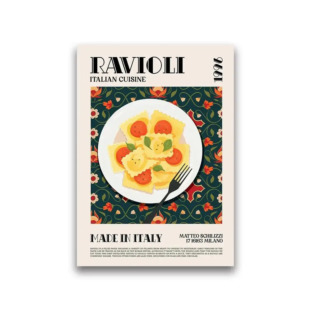 Decorbites™ world cuisine canvas wall art featuring yellow ravioli with tomato and basil on dark green floral background