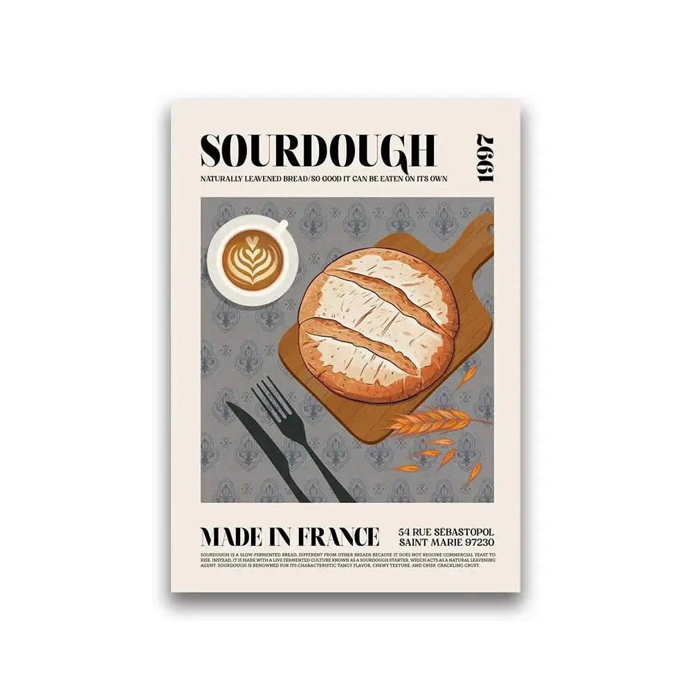 DecorBites™ world cuisine canvas features a rustic wooden board with sourdough loaf latte art and black cutlery