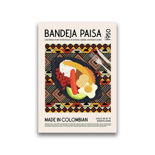Decorbites™ world cuisine canvas wall art featuring a black skillet with colorful colombian bandeja paisa ingredients