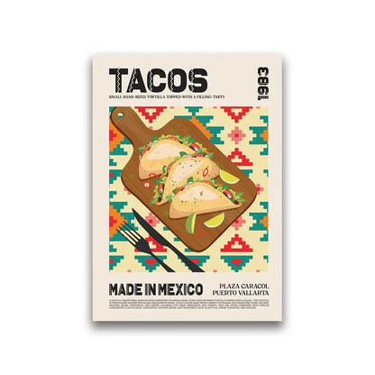 Vibrant world cuisine canvas featuring three illustrated tacos on a wooden cutting board by DecorBites™