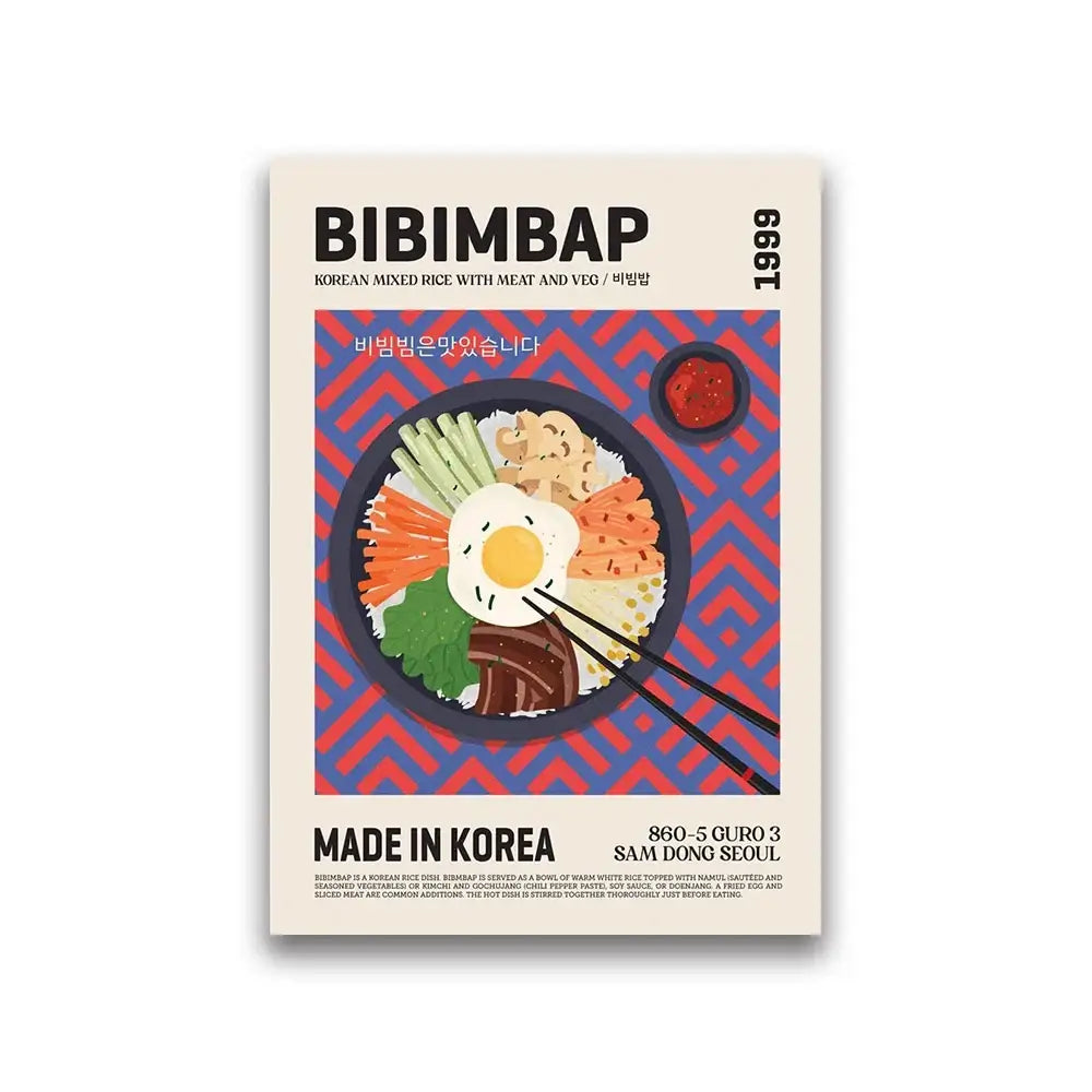 A vibrant decorbites world cuisine canvas featuring a colorful bibimbap illustration with chopsticks on the bowl