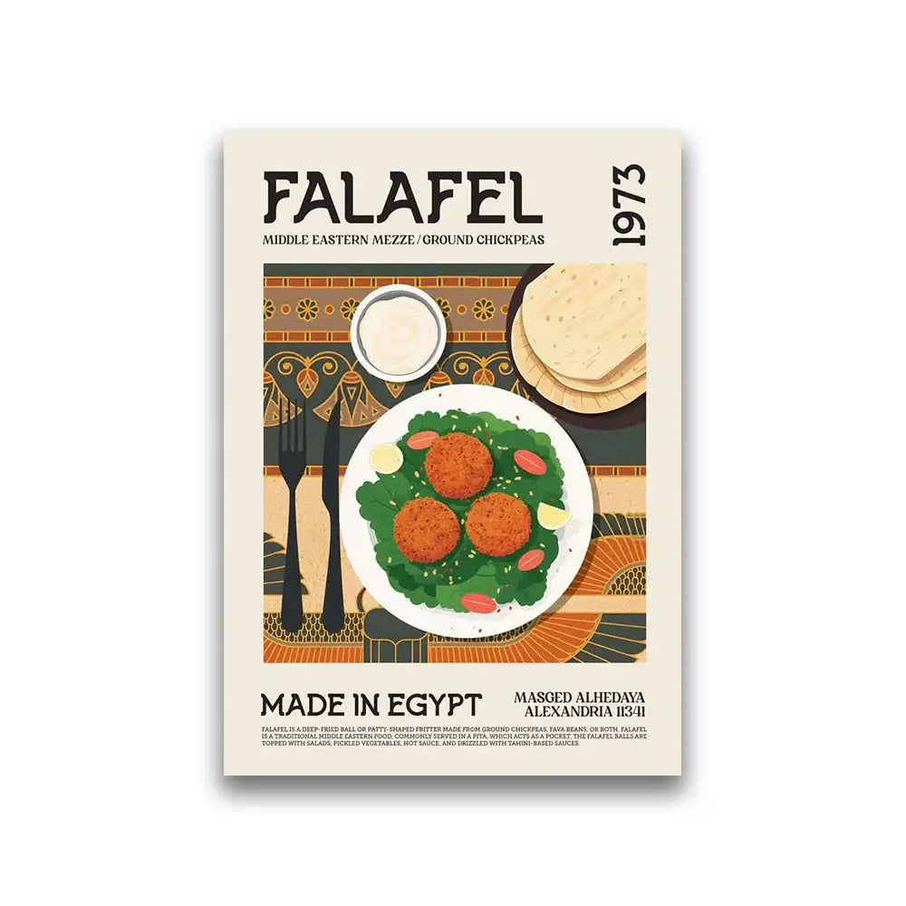 Decorbites™ world cuisine canvas wall art vintage-style poster of falafel balls on lettuce with tomatoes and sesame seeds