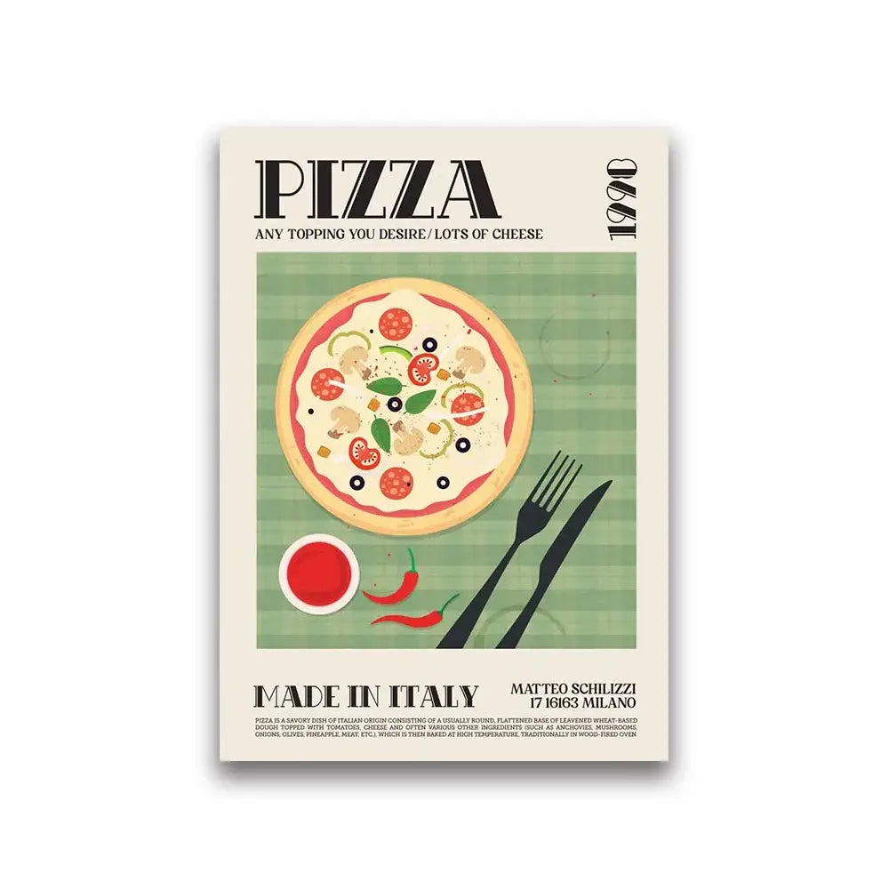 Vintage-style world cuisine canvas wall art featuring bold typography and vibrant pizza illustration on green stripes