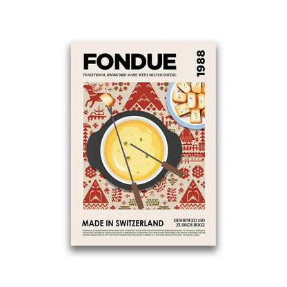 A vintage-style world cuisine canvas wall art by decorbites featuring a fondue pot with melted cheese and red geometric patterns