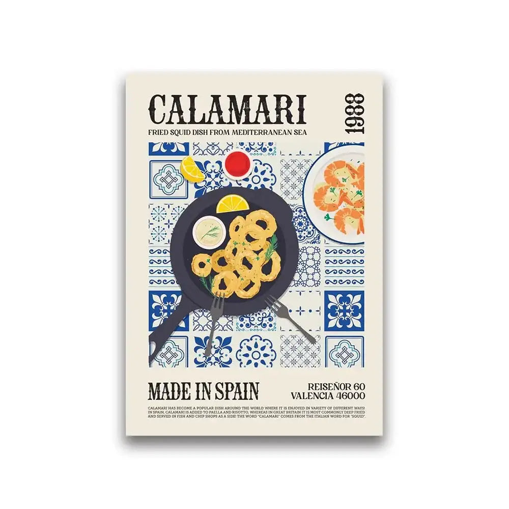 A vintage style world cuisine canvas featuring a black frying pan with golden fried calamari garnished with lemon slices and herbs