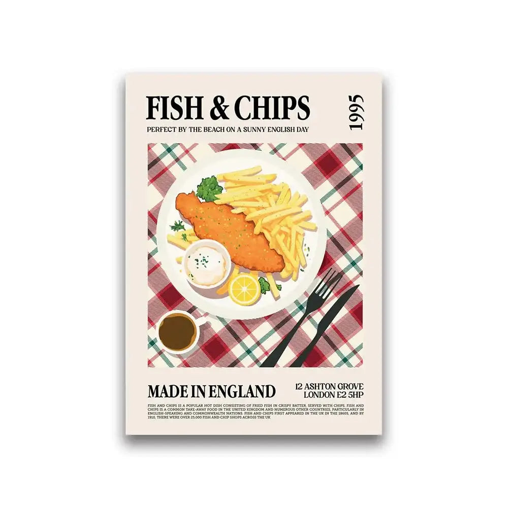 Decorbites™ world cuisine canvas wall art featuring a golden-brown fried fish fillet with fries and garnish on a white plate