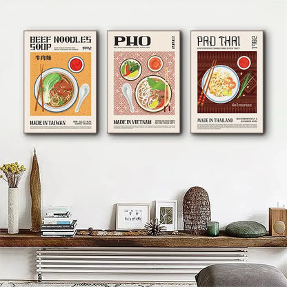 DecorBites™ world cuisine food canvas print home decor featuring three vintage-style framed posters of beef noodles pho and pad thai