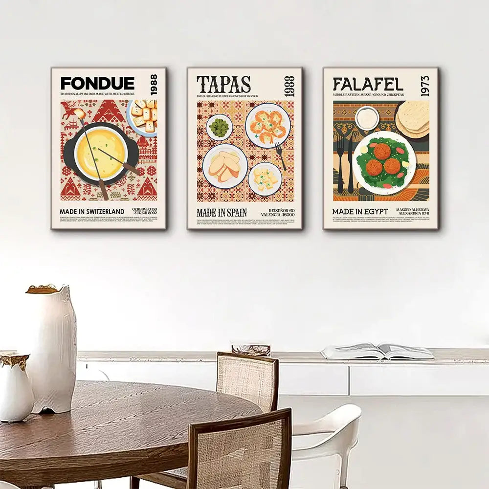 Three framed vintage-style food canvas prints featuring fondue tapas and falafel from DecorBites world cuisine collection