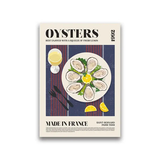 Vintage-style food canvas featuring oysters with lemon on a white plate against navy blue stripes for world cuisine wall decor