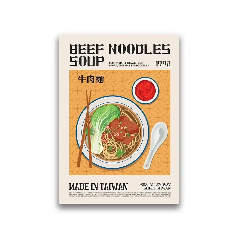 Beef noodles soup vintage food canvas featuring colorful world cuisine food illustration with chopsticks and sauce dish