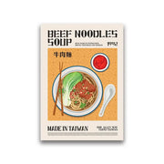 Beef noodles soup vintage food canvas featuring colorful world cuisine food illustration with chopsticks and sauce dish